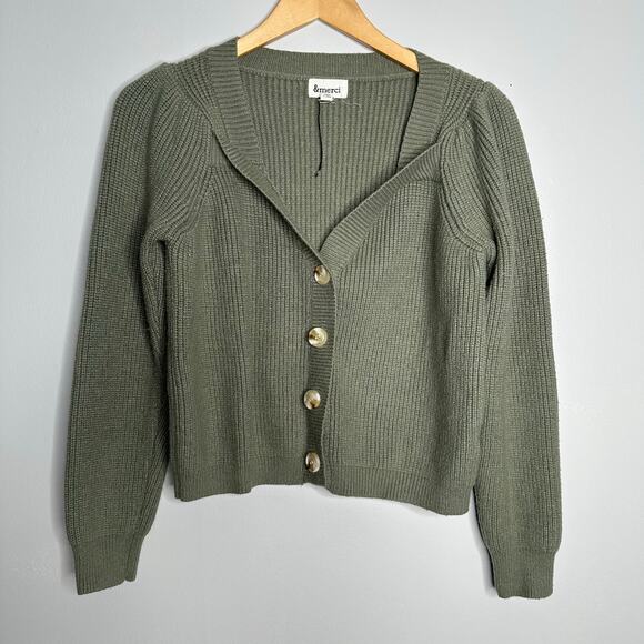 &merci Women's Olive Green Ribbed Cropped Button Front Cardigan Size S NWOT - Picture 1 of 6